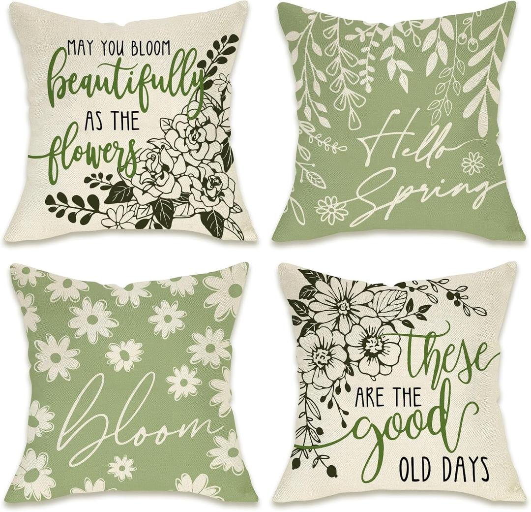Fahrendom Hello Spring Green Decorative Throw Pillow Covers 18 x 18 Set of 4, Bloom Daisy Flower Leaves Porch Patio Outdoor Pillowcase, Floral Seasonal Sofa Couch Cushion Case Home Decor
