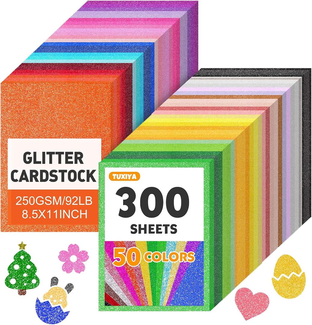 TUXIYA 300 Sheets 8.5" X 11" Glitter Cardstock,50 Assorted Colors 250GSM/92LB Glitter Cardstock,No-Shed Sparkly Glitter Paper for Arts and Crafts, Decorative, Card Making, Scrapbooking, DIY Projects