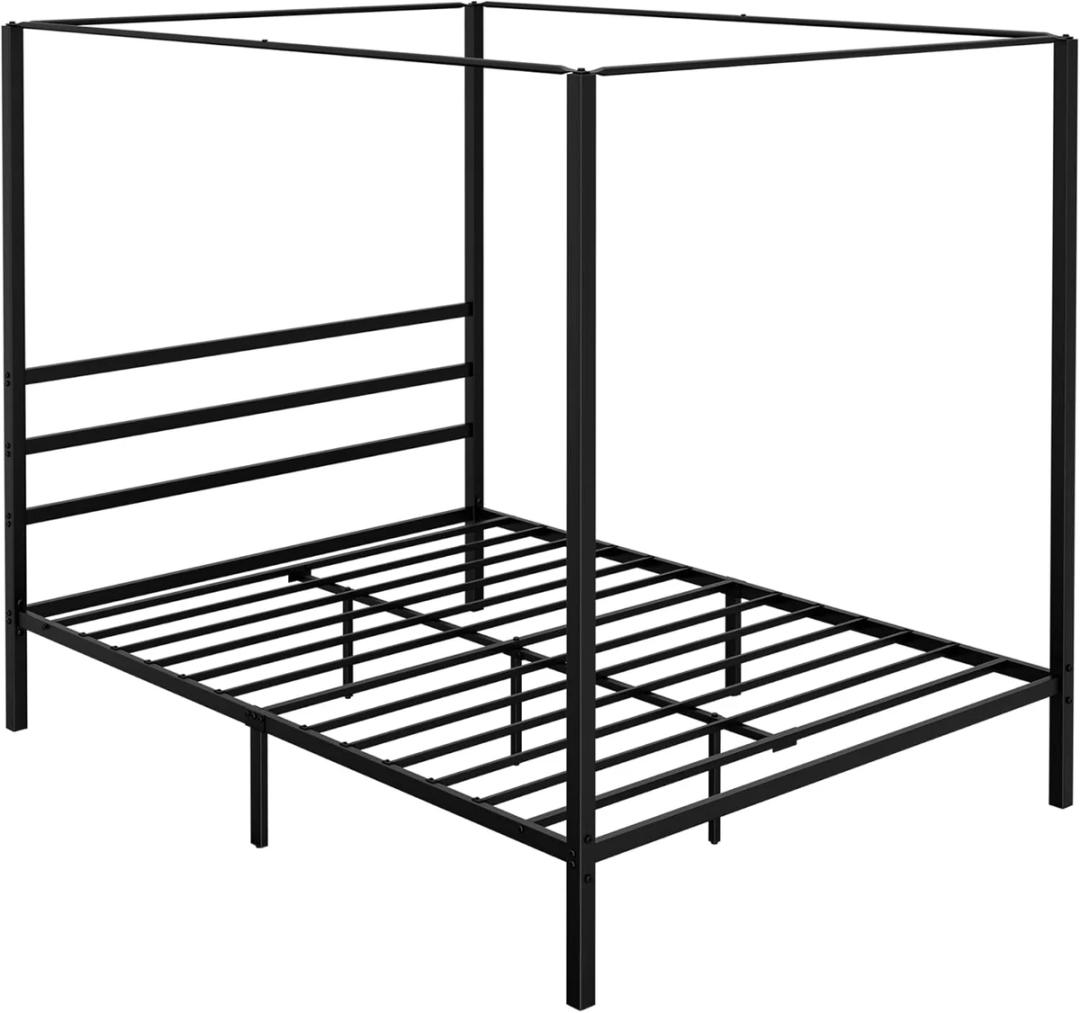 14 Inch Platform Built-in Headboard Sturdy Metal Frame Canopy Bed Frame with Four Posters, Black Queen Size
