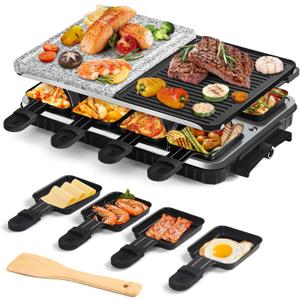 Voohek Raclette Grill Indoor Grills Electric Smokeless Korean BBQ Grill Table, 2 in 1 Nonstick Plate & Cooking Stone with Raclette Cheese Pans &Spatula, Griddle Adjustable Temperature 1300W Home Party