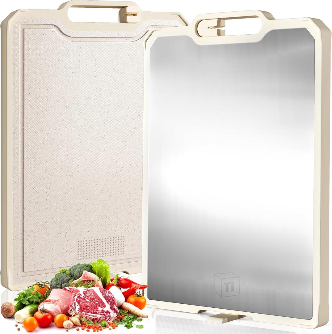Double-Sided Titanium & Wheat Straw Cutting Board, 16.2" x 11", Non Toxic Kitchen Chopping Board for Meat & Vegetables, Easy to Clean, Knife Sharpener, Juice Groove