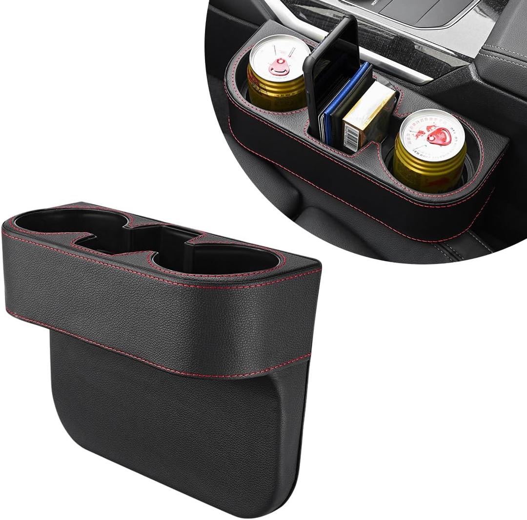 Car Cup Holder Gap Filler Organizer, Multifunctional Auto Front Console Gap Filler with Cup Holder, Leather Extra Cup Holder Storage Box for Car Truck SUV, Car Accessories (Black)
