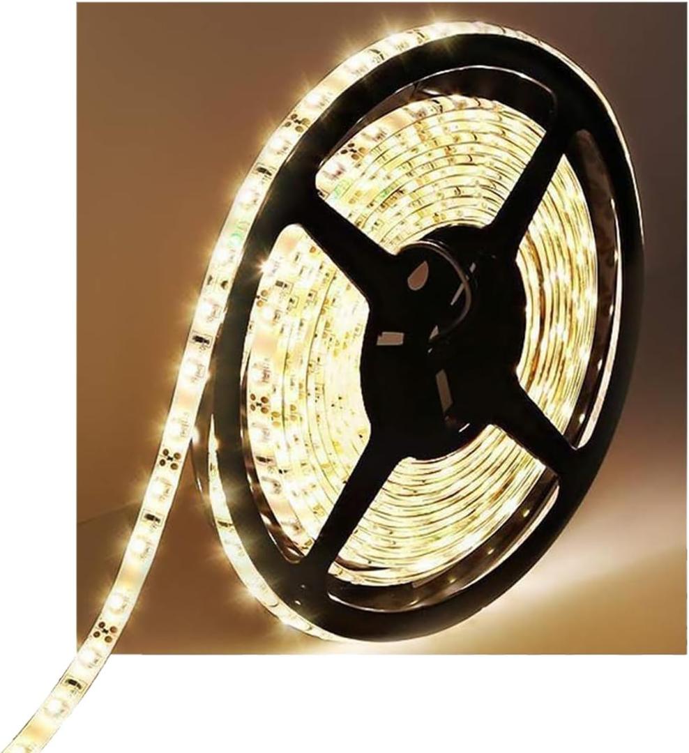 Water-Resistance IP65, 12V Waterproof Flexible LED Strip Light, 16.4ft/5m Cuttable LED Light Strips, 300 Units 3528 LEDs Lighting String, LED Tape(Warm White), Power Adapter not Included