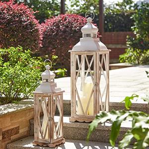 Glitzhome Lanterns Decorative Indoor, Set of 2 Farmhouse Decorative Candle Lanterns, Large Wooden Lanterns Decor Floor Candle Holder Lanterns, Distressed Hanging Lanterns for Home Décor (No Glass)