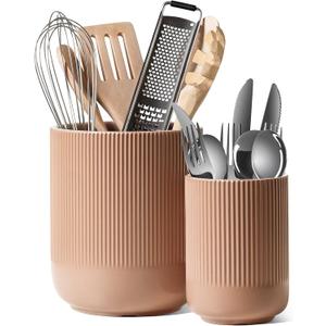 LE TAUCI Utensil Holder for Kitchen Counter, 7.3"+5.4" Fluted Ceramic Utensil Crock Organizer for Countertop, Heavy Large Holder for Spatulas, Spoons, Set of 2, Dusty Coral
