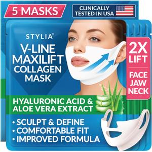 Stylia MaxiLift V-Line Lifting Collagen Face Mask - Double Chin Strap - Jawline Shaper - Neck Firming and Tightening Mask with Hyaluronic Acid & Aloe Vera - Chin Strap for Sleeping (5PC) (5 Count (Pack of 1)
