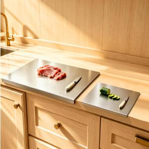 2Pcs L-Shaped Stainless Steel Cutting Board with Lip, 304 Metal Chopping Board Double-Sided Use, 27.5x19.6" & 15.7x11.8" Pastry Kneading Board for Meat Fruits Veggies Bread, Easy-Clean Dishwasher Safe, XXX-Large