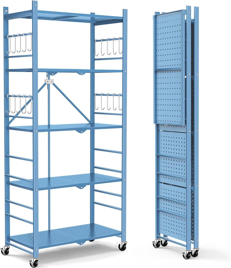 Storage Shelves with 20 Hooks, 5-Tier Foldable Shelves for Storage, Folding Shelf Unit Pantry Shelves with Wheels, Standing Shelving Unit for Kitchen Garage Home Office Room Greenhouse, Blue (5-Tier, Blue)