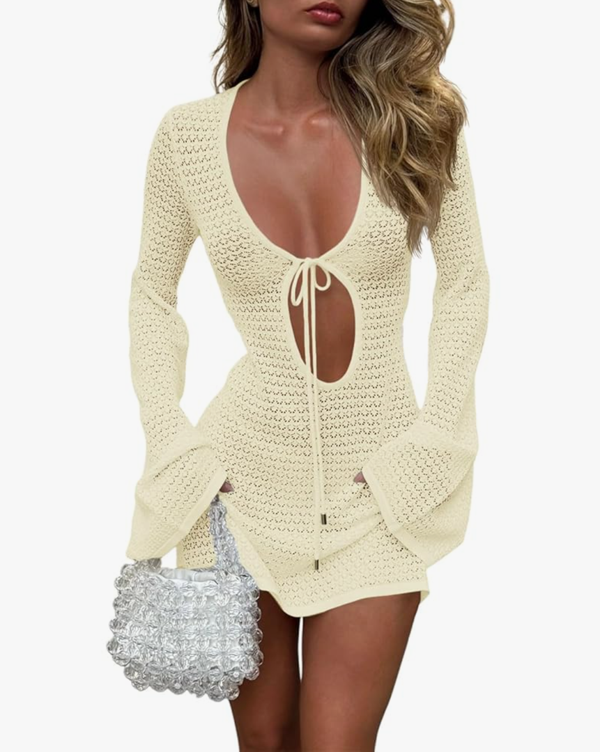 Saodimallsu Womens Crochet Swimsuit Cover Up Long Bell Sleeve V Neck Tie Mesh Knit Summer Beach Dress Vacation Outfits M-L Light Yellow