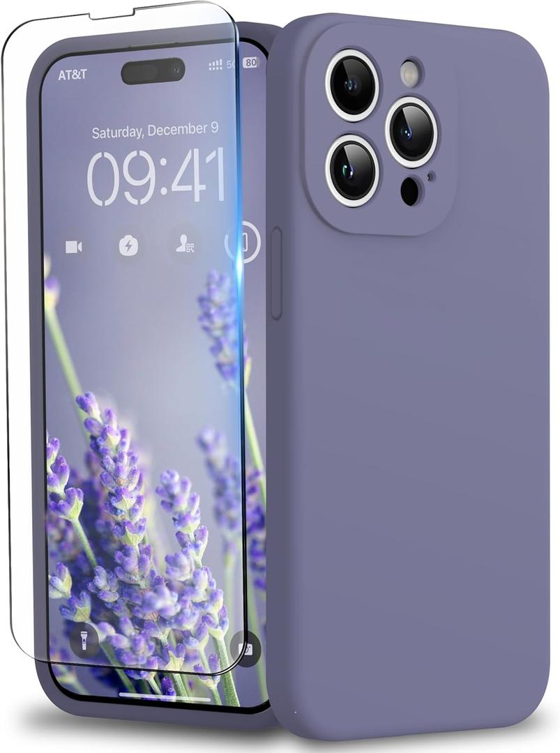 Compatible with iPhone 15 Pro Case, Liquid Silicone Upgraded Camera Protection Case with Screen Protector Soft Microfiber Lining Shockproof Protective Phone Cover 6.1", Lavender Gray