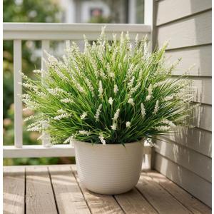 Outdoor Faux Plants, 12 Pcs Fake Plant UV Resistant Monkey Grass Lavender Flowers, Artificial Greenery Shrubs Bush for Outside Planter Patio Garden Front Porch Door Yard Spring Summer Decor, White