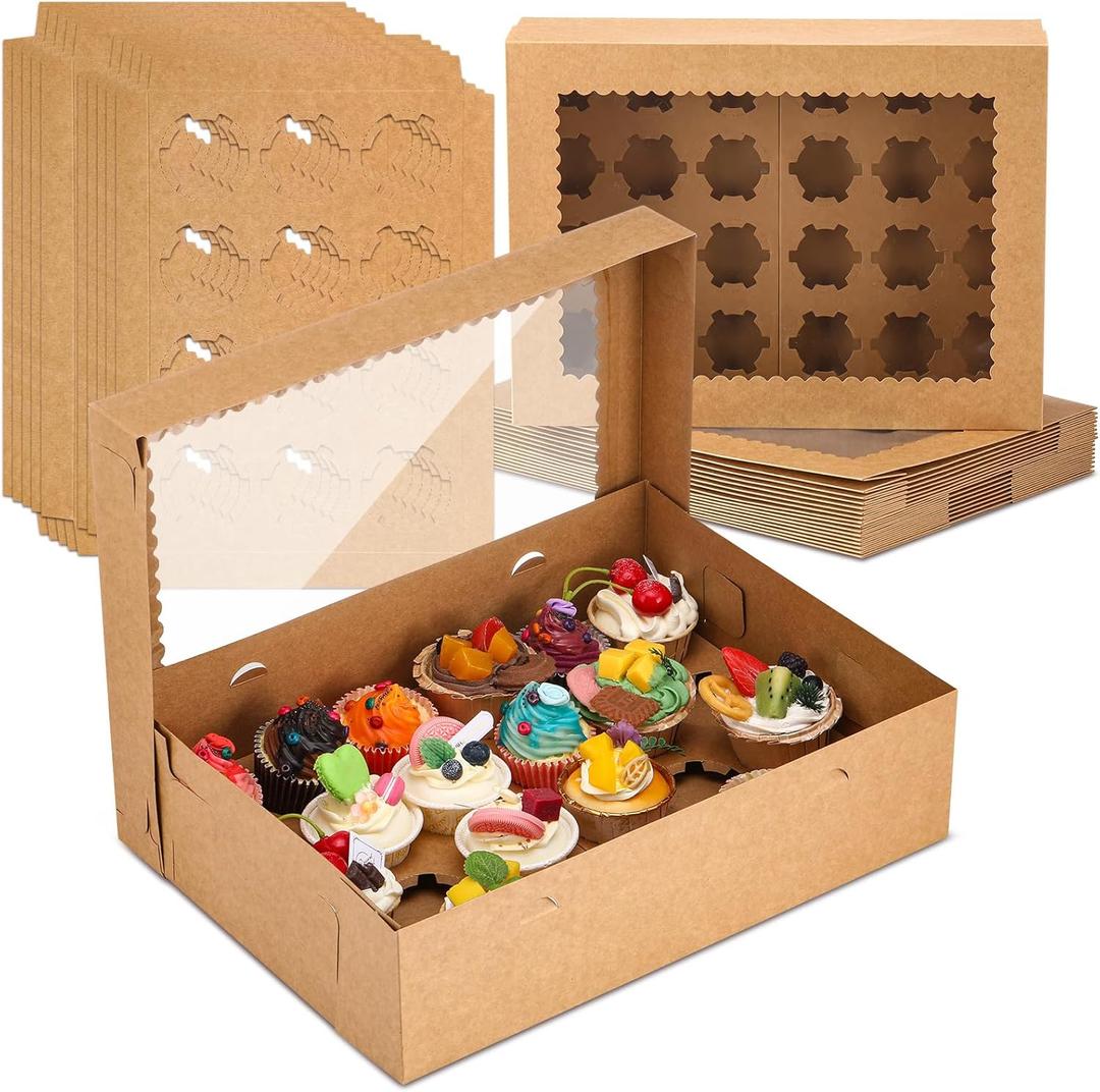 10 Pack 24 Count Cupcake Boxes, Mini Cupcake Containers, 14.9 x 11 x 4 Inch Kraft Disposable Bakery Boxes with Window and Inserts for Birthday Holiday Party Bakery Desserts (Brown)