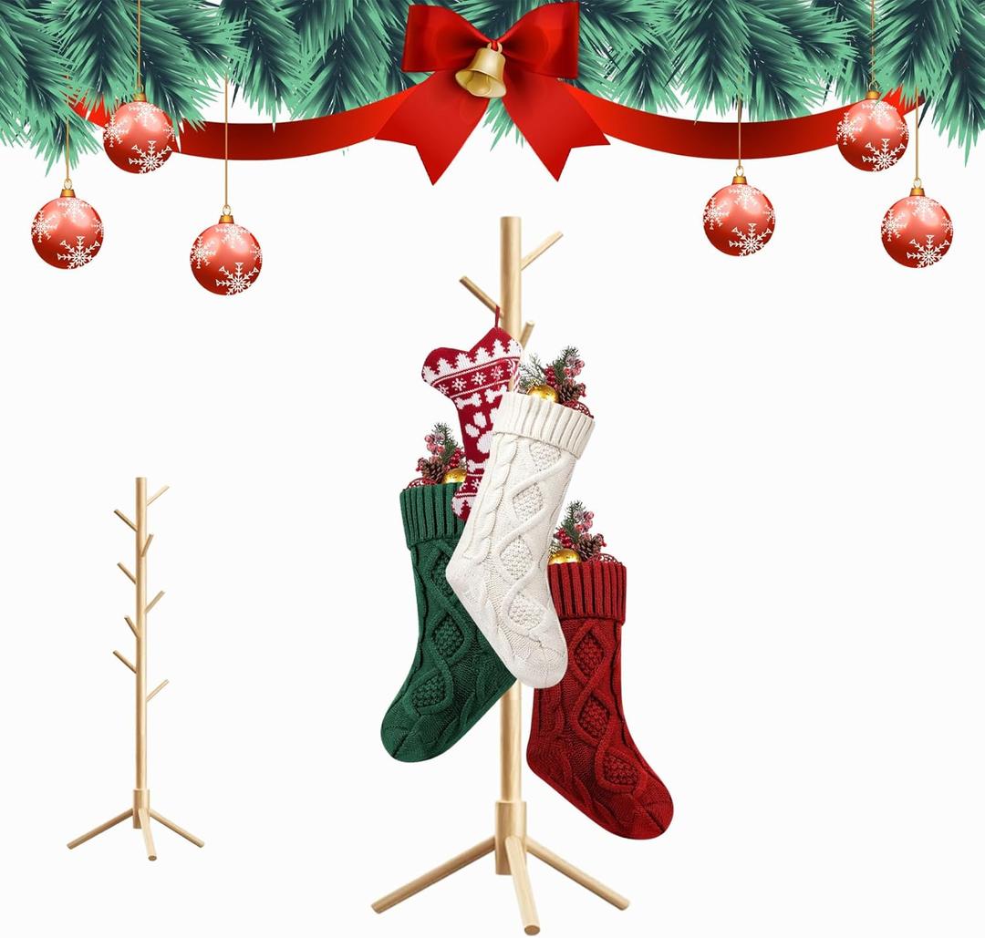 Christmas Stocking Holder Stand, Wooden Stocking Holder Stand with 8 Hooks, Freestanding Stocking Hanger Rack for Floor, Natural