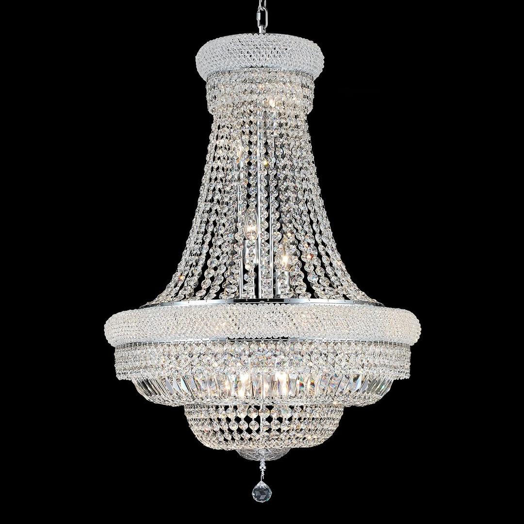 Crystal Chandeliers for Dining Room Light Fixture，Empire Style K9 Crystal Chandeliers for Entryway，18 Lights Chrome Luxury Lighting Fixtures for Living Room Bedroom Foyer Hallway D26 Inch