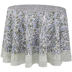 ATOSII Clover Blue 100% Cotton Round Boho Fall Tablecloth, Handblock Floral Table Cloth Linen for Kitchen Dining I Parties Weddings Outdoors Christmas Thanksgiving I 90" Inches Round I 6-8 Seater