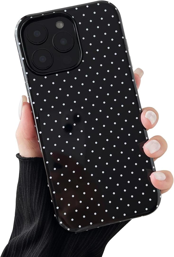Compatible with iPhone 15 Pro Case, Fashion Cute Polka Dot Pattern Aesthetic Design for Women, Soft TPU and Hard Back Shockproof Phone Case for iPhone 15 Pro 6.1 inch, Black