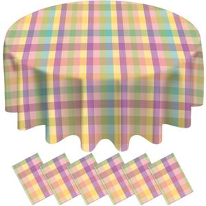 6Pcs Spring Easter Buffalo Plaid Checkered Tablecloth Decorations, Plastic Purple Green Yellow Pastel Dinner Round Table Cover for Indoor Outdoor Birthday Easter Baby Shower Tea Party Supplies, 84Inch