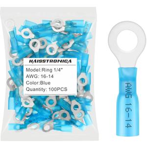haisstronica 100pcs 1/4" Blue Marine Grade Heat Shrink Ring Connectors,16-14 Gauge Tinned Red Copper 0.7mm Ring Terminals Connectors,Brazed-Seam Insulated Electrical Crimp Wire Terminals