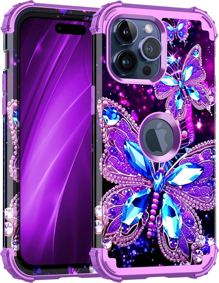 Hekodonk for iPhone 15 Pro Max Case,Glow in The Dark Three Layer Heavy Duty Shockproof Protection Hard Plastic+Soft Silicone Full Body Drop Protective Case for Apple iPhone 15 Pro Max,All Purple