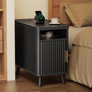 Huuger Narrow End Table with Charging Station, USB-C Port | Fluted Nightstand with Storage Cabinet, Back Rack, Farmhouse Side Table for Small Spaces, 13.4 23.6 Inch Night Stand, Black
