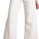 Allimy Womens High Rise Two Button Closure Cropped Jeans Wide Leg Front Slip Pockets Frayed Hem Denim Pant (12, White)