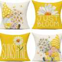 All Smiles Yellow Throw Pillow Covers 20x20 Set of 4 Outdoor Spring Summer Decorative Cushion Cases Home Dcor Decorations for Patio Couch Chair Sofa,Daisy Floral Gnomes