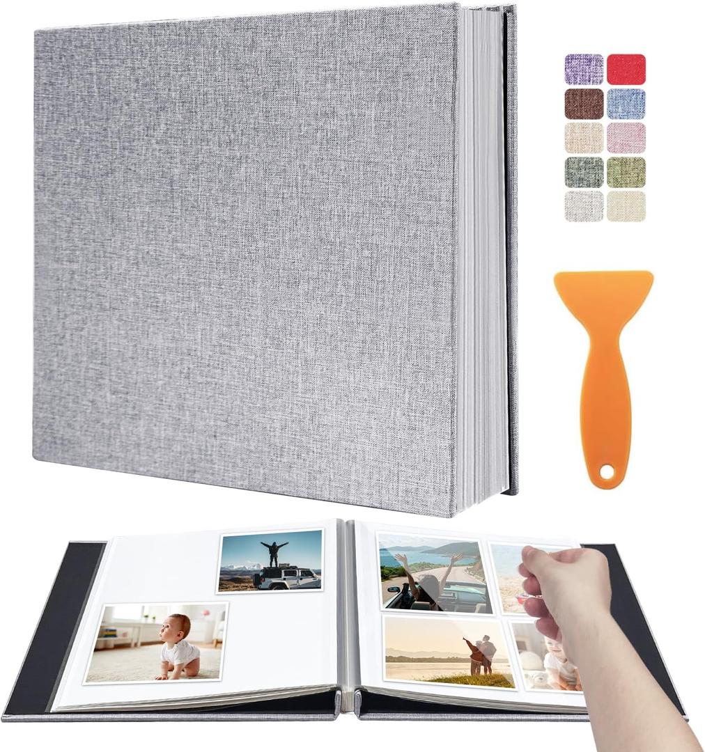 Photo Album Scrapbook  Holds 4x6, 5x7 & 8x10 Pictures  Self-Adhesive Pages for Baby, Wedding, Travel & Family Memories | Includes Metallic Pen & Scraper/Light Grey Large DIY Memory Book for Gifts