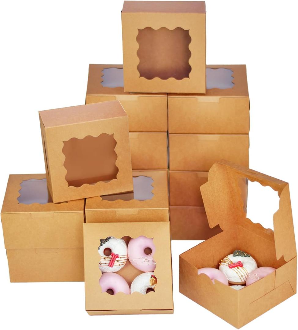 Bakepacker Brown 30-Packs Bakery Boxes with Window 6x6x3 inches Thick & Sturdy Macaroon Pastry Boxes Cookie Boxes for Bakerys