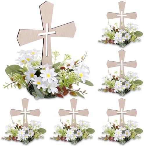 Novabright 6 Pcs Wooden Cross Table Centerpieces with 6 Pcs Floral Wreaths Standing Religious Decorations for First Communion, Baptism, Christening, Confirmation, Wedding Decor (White Wreath)