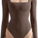 SUUKSESS Women Square Neck Long Sleeve Bodysuit Sexy Thong Bodysuit Shirts S