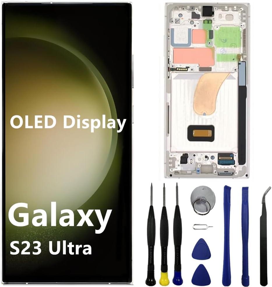 OLED for Samsung Galaxy S23 Ultra Screen Replacement S23ultra 5G S918U S918B/DS S918U1 S918W S918E LCD Display Touch Screen Digitizer Assembly Support Fingerprint and S-Pen (with White Frame+Tools)