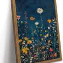 Vintage Spring Wildflower Wall Art, Dark Blue Floral Pictures Wall Decor, Moody Botanical Prints, Cottagecore Colorful Flower Painting, Neutral Artwork for Gallery Living Room Framed 16x24 Inch