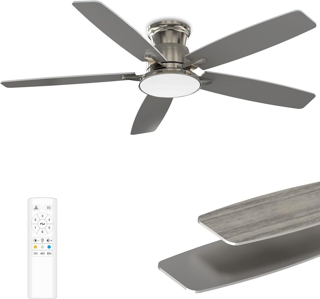 Flush Mount Ceiling Fan with Light, 52 Inch, Remote Control, 3CCT Dimmable LED, 6-Speed Silent Reversible DC Motor, Low Profile Hugger Ceiling Fan for Indoor/Outdoor 90-264V 50/60Hz Brushed Nickel