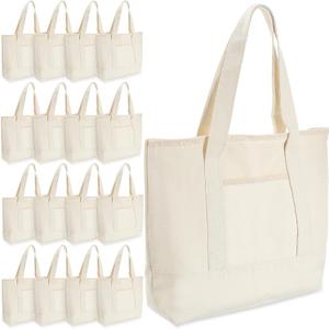 Reginary 16 Pcs Canvas Tote Bags Bulk with Outer Pocket 18 Inch Reusable Shopping Grocery Blank Tote Bag for Women Mother DIY (White)