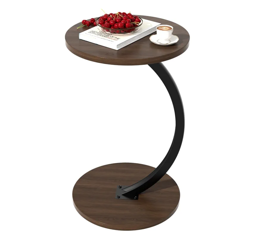 Round Side Table, C Shaped End Table for Couch, Sofa and Bed, Mid Century Modern Small Bedside Table Nightstand for Living Room, Bedroom, Corners and Office(Walnut)
