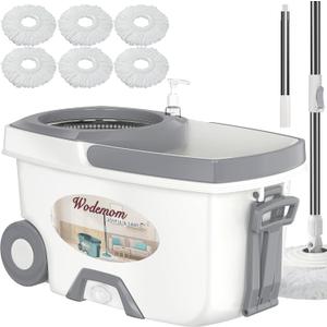 Mop and Bucket with Wringer Set,Spin Mop and Bucket System, Mops for Floor Cleaning,Household Supplies Tools with 6 Replacement Refills,61" Extended Handle for Household Hardwood Floor - White