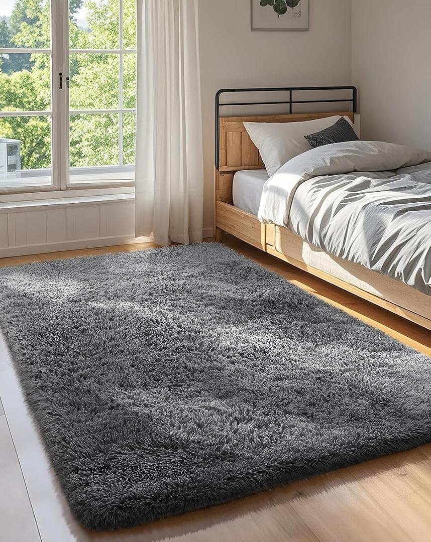 Ophanie 3x5 Rug, Bedside Preppy Dorm Area Rug, College Essentials Non Slip Grey Small Carpets for Bedroom, Anti Slip Fluffy Gray Living Room Rugs Home Decor Aesthetic, Nursery