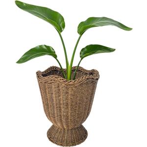 Rattan Planter, Woven Planter Basket for Plants Indoor Outdoor, Rattan Flower Pot, Decorative Plant Holder Basket for Garden Patio Boho Home Decor(Brown&Scalloped-Small:11.81" H x 9.84" W)