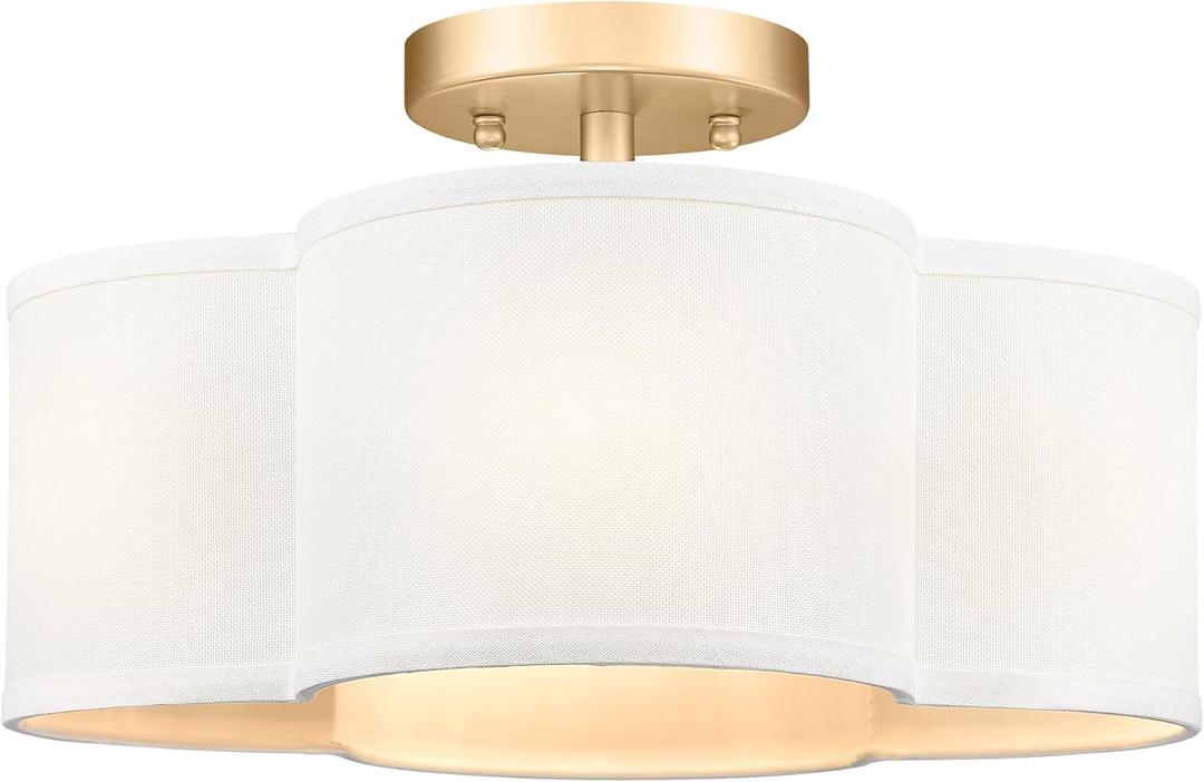 Gold Semi Flush Mount Ceiling Lights, 14" 4-Light Ceiling Light Fixtures with Fabric Shade in Quatrefoil Shape, Farmhouse Brass Drum Lighting for Kitchen Hallway Bedroom, AD-22007-4SF-GD