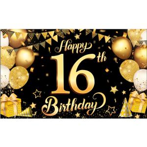 16th Happy Birthday Black Wall Banner, Foil (Black and Gold)