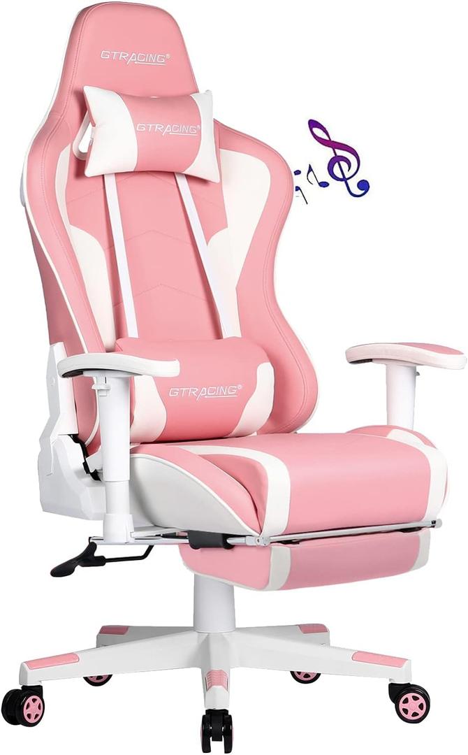 GTRACING Gaming Chair with Footrest Speakers Video Game Chair Bluetooth Music Heavy Duty Ergonomic Computer Office Desk Chair (Pink)