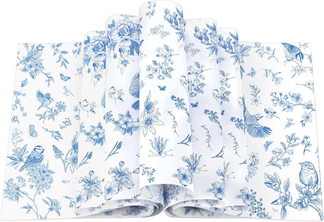 200 Pcs Floral Wax Paper Sheets for Food Chinoiserie Bird Deli Paper Waterproof Sandwich Wrapping Greaseproof Food Basket Liners for Picnic Party Kitchen Supplies, 9.8 x 8.7inch(Blue)