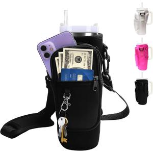 Water Bottle Carrier Bag with Strap for Stanley Cup 40oz/30oz with Phone Pocket, Neoprene Cross-Body Insulated Water Bottle Holder for Tumbler with Handle, Stanley Cup Accessories (Black)