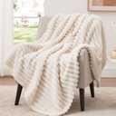 EXQ Home Fleece Blanket Twin Size for Couch or Bed - 3D Stripe Jacquard Decorative Blankets - Cozy Soft Lightweight Fuzzy Flannel Blanket Suitable for All Seasons(60"×80",Beige)