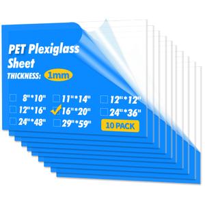 Art3d Plexiglass Sheets, Clear & Flexible, 10-Pack of 16 x 20"