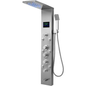 Shower Panel Tower System with Rainfall Waterfall Head and Adjustable Massage Body Jets LED Fahrenheit Temperature Display Handheld Sprayer Stainless Steel Nickel and Chrome Wall Mount Shower Panels