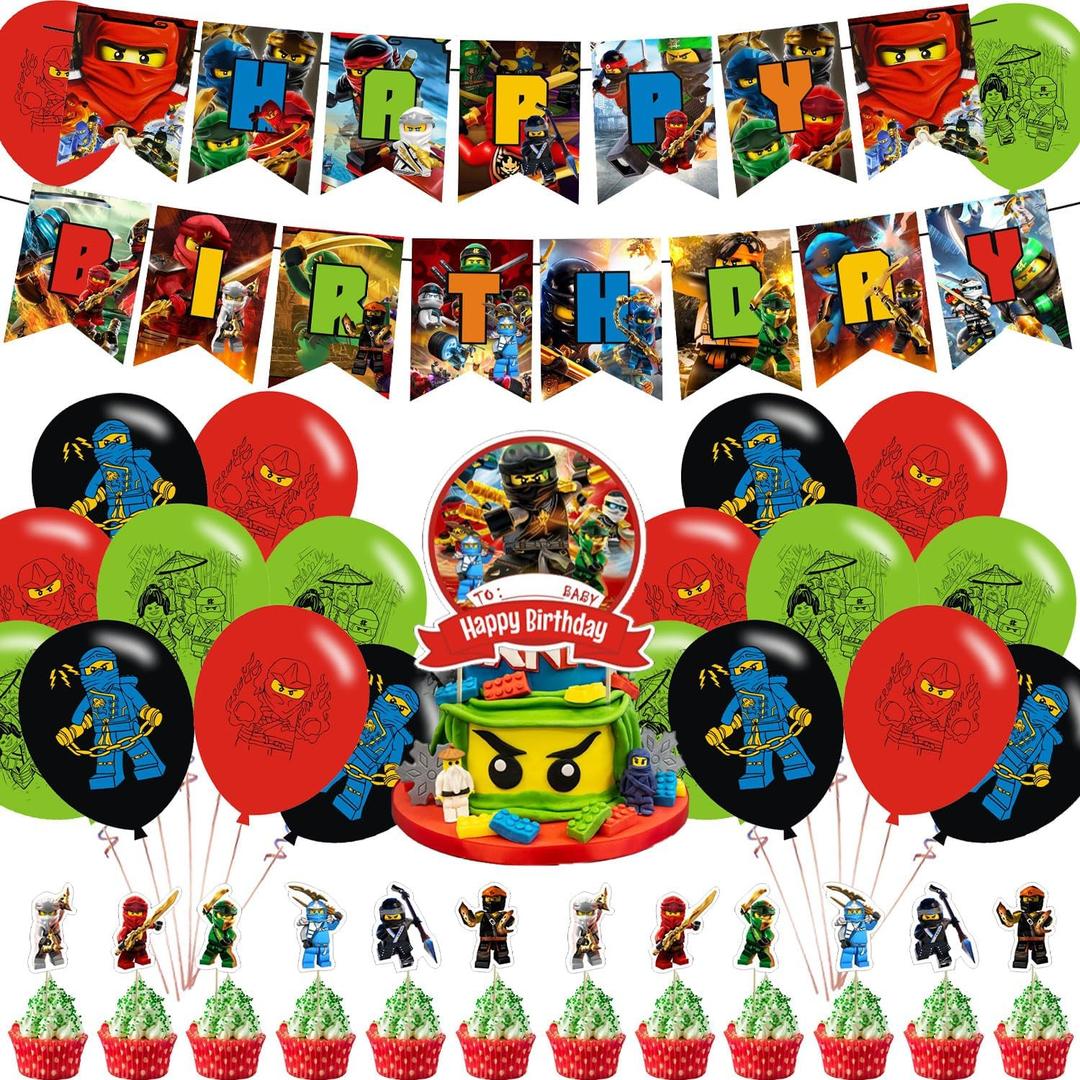 Party Decorations,Ninja Birthday Party Supplies Includes Banner- Cake Topper - Cupcake Toppers - Balloons