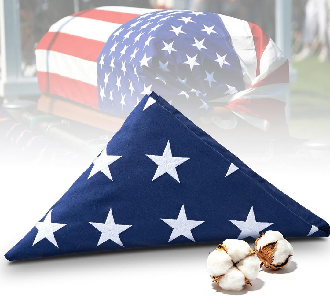 Memorial American Flag 5x9.5 ft, 100% Heavy Duty Cotton Burial Casket Flag for Veteran Military with Embroidered Stars, Sewn Stripes, Brass Grommets, for USA Display Case (Flag not Pre-Folded)