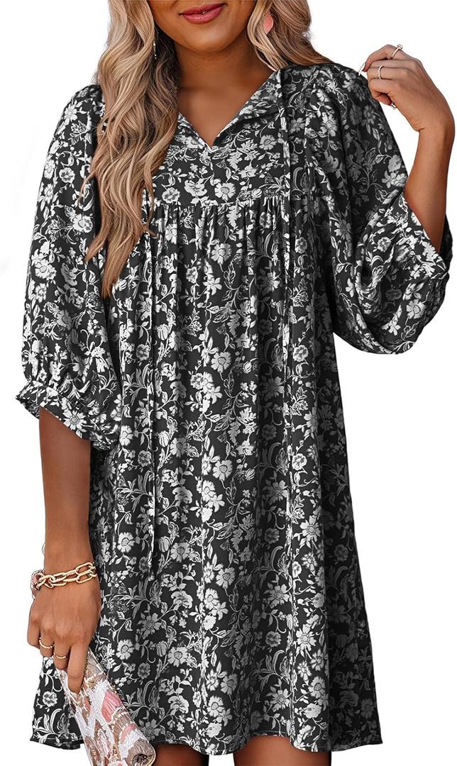 Dokotoo Womens Summer Dresses 2025 Boho Floral Drawstring V Neck Chiffon Lantern Sleeve Beach Vacation Mini Dress Sundress (Black, S)