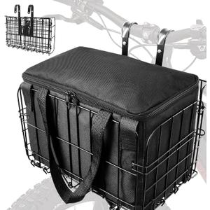 LIQING Bike Basket Front Folding Bicycle Basket with Removable Liner Bag, Quick Release Design Metal Ebike Basket for Adult Women/Men Carrying Dogs, Pets, Fruit & Grocery